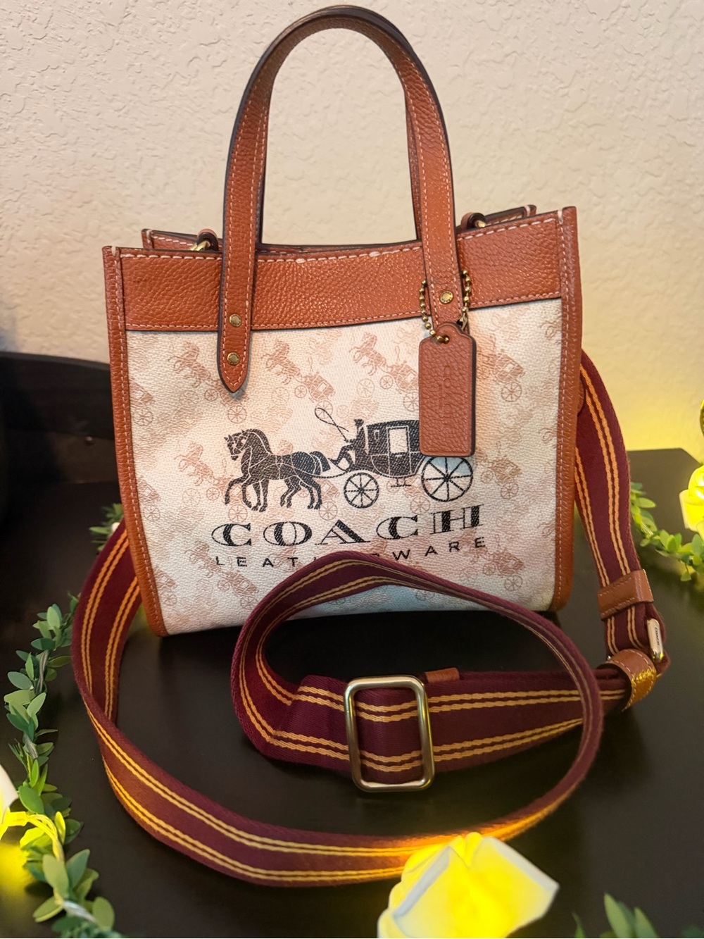 Coach Horse & Carriage Small Signature Canvas Tote in Cream & Tan with Strap